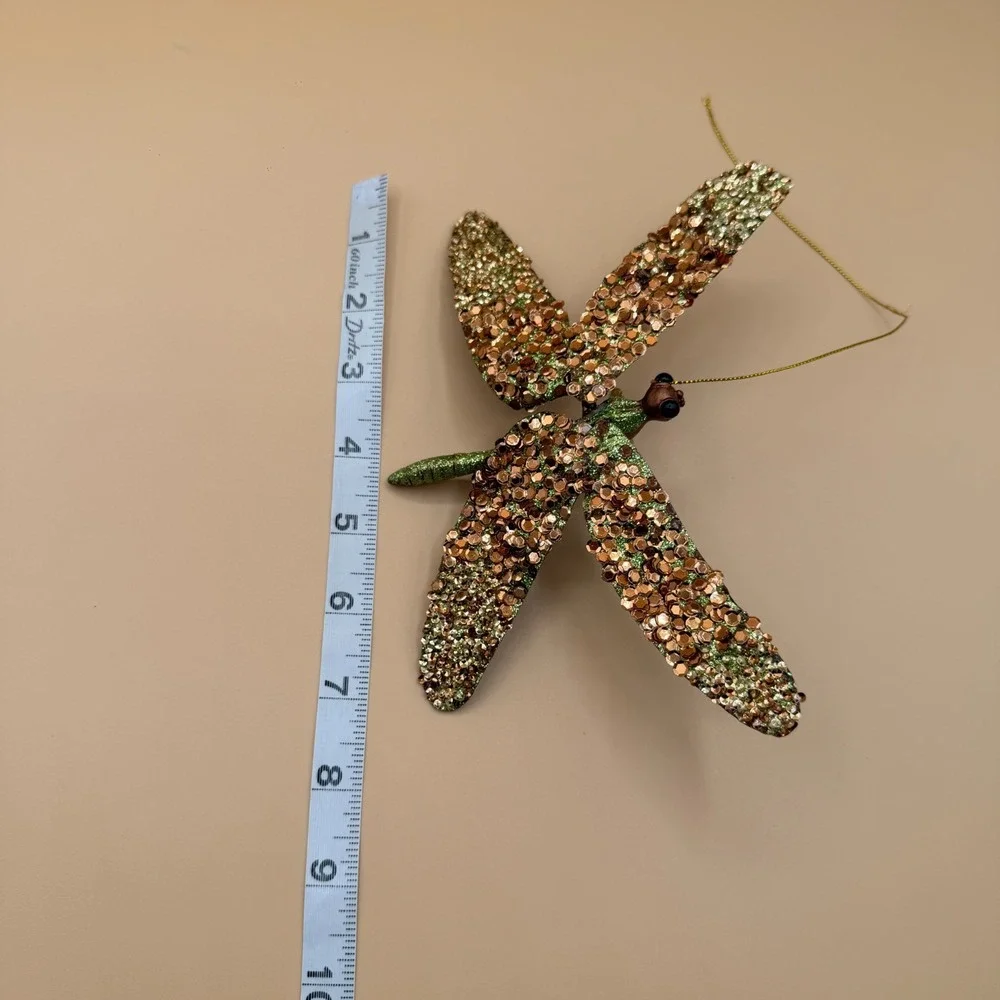 Large Glitter Dragonfly Clip Ornament Gold Sequin Green Sparkle Hanging Decor